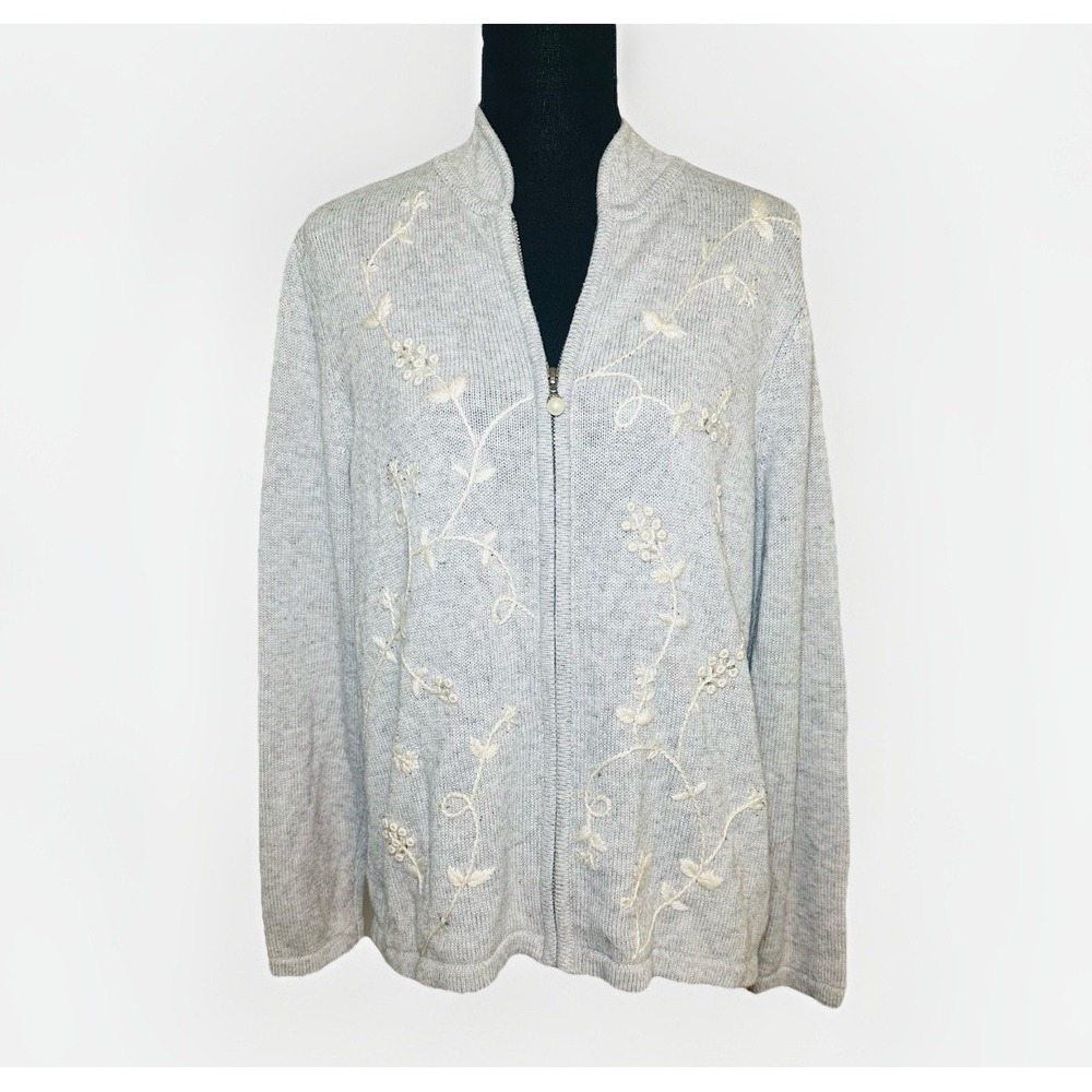TOG Shop Cream Floral Embroidered Beaded Full Zip Gray Cardigan Sweater LARGE